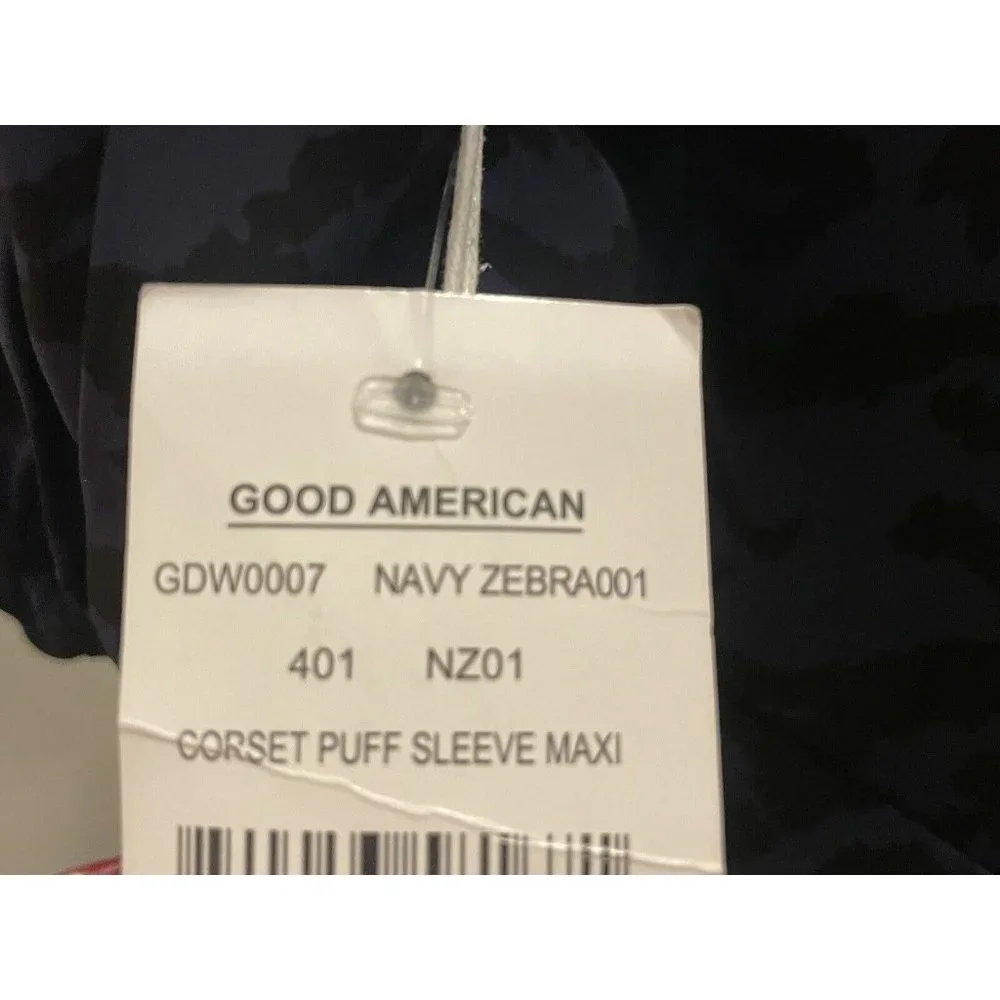 NWT Good American Corset Style Navy Black Zebra Print Puff Sleeve‎ Maxi Dress  2
